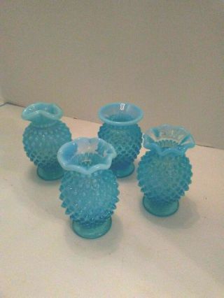 Set Of 4 Vintage Hobnail Mini Vases Blue Opalescent