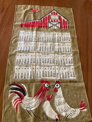 Vintage Vera Calendar Dish Towel 1964 Roosters,  Hens