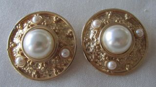 Vintage Gold Tone Oversize Clip On Earrings With Faux Pearls