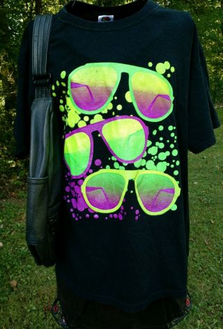 Vintage 90s Neon Sunglasses T - Shirt L Black Fresh Prince Hip Hop