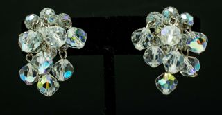 Vintage Cluster Clip On Earrings Ab Aurora Borealis Bead Costume Estate Jewelry
