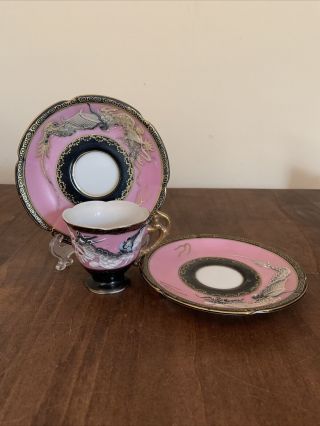 Vintage Moriage Dragon Ware Black / Lilac Pink Cup & Saucer With Extra Saucer