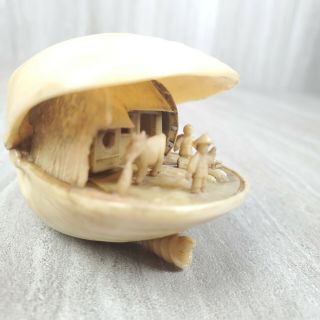 Vintage Japanese Carved Clam Shell Water Wheel Farmhouse Village Style 3