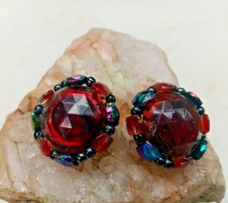 Unique Vintage Art Glass Colorful Rainbow And Ab Beads Clip Earrings Germany