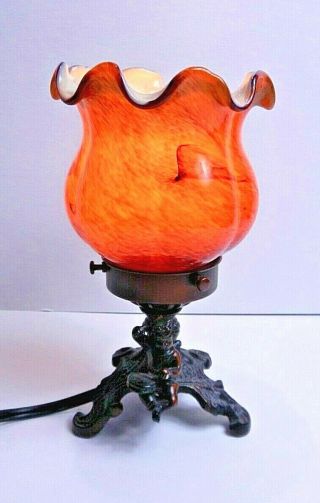 Vintage Bronze Patina Metal Cherub Table Night Lamp W/ Amber Glass Tulip Shade