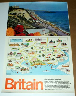 Vintage 1960s Poster.  Travel Britain.  Bournemouth Map & Photo.  30 "