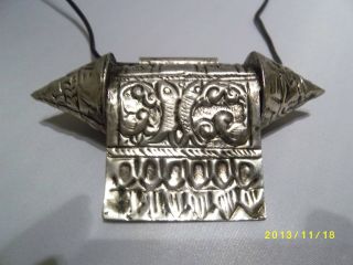 Tribal Ethnic Banjara Indian Antique Silver Tone Square Pendant On Cord Vintage