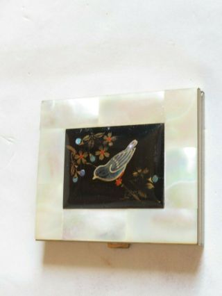 Vintage Marhill Powder Compact Hand Painted Bird Mother Of Pearl (490c)