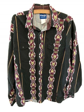 Vintage Wrangler Men’s Black Denim Southwestern Aztec Button Up Shirt Xl Snap