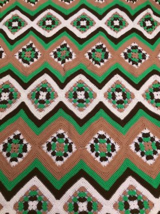 AFGHAN Vintage Hand Crocheted LARGE 4’ X 6’ Great Colors Green/Brown/White/Tan 2