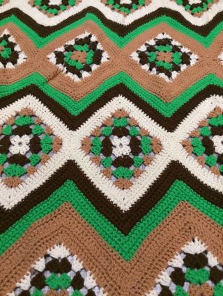 AFGHAN Vintage Hand Crocheted LARGE 4’ X 6’ Great Colors Green/Brown/White/Tan 3