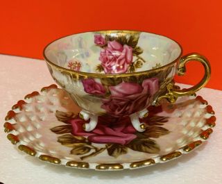 Vintage Royal Sealy Of Japan Roses Gold Gilt 3 Ring Footed Tea Cup Saucer Set