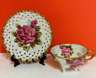 Vintage Royal Sealy Of Japan ROSES Gold Gilt 3 Ring Footed Tea Cup Saucer Set 2