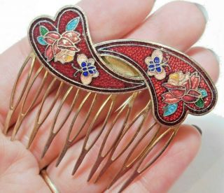 Vintage Red Rose Flower Butterfly Cloisonne Enamel Jewerly Hair Comb 4b 116