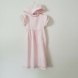 Vintage Baby Girl Dress Pink & White Stripes Doilies Lace With Matching Hat