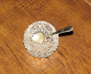 Antique Vintage Round Crystal Cut Glass Salt Cellar / Dip With Spoon