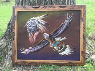 Vintage Velvet Native American Bald Eagle Painting Framed Felt Indian Mexico