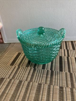 Vintage Small Green Glass Lidded Woven Basket Dish