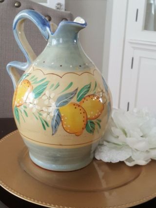 Vtg Tuscan Style Pitcher Jug 7 3/8 " Tall Hand Painted Floral Villa Italy Ceramic