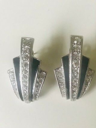 Vintage Signed Givenchy Silver Tone Black Enamel Rhinestones Pierced Earrings