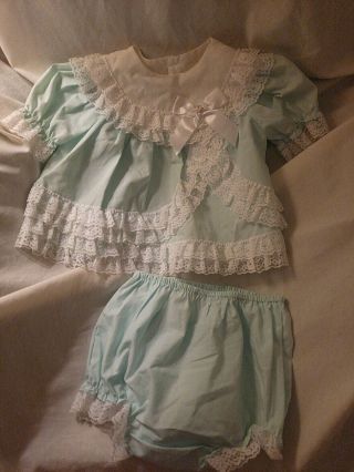 Vintage Baby Dress Two Piece 80s 12 Months Flyaway W Bloomers Lace Blue