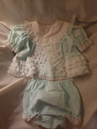 Vintage Baby Dress Two Piece 80s 12 Months Flyaway W Bloomers Lace Blue 2