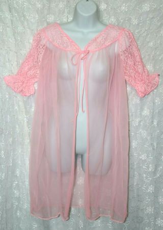 Vtg 60s Retro Pink Chiffon Nightgown Babydoll Negligee Peignoir Large