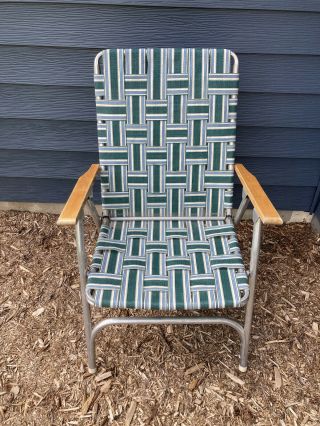 Vintage Folding Aluminum Chair Webbed Lawn Chair Green And White Wood Handles