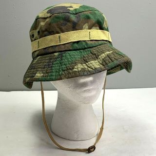 Vintage Camouflage Bucket Boonie Hat Fishing Hunting Chin Neck Strap Green Sz L