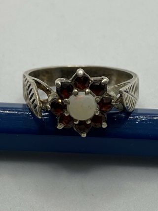 Vintage 92 Silver Opal & Garnet Cluster Ring Size M 1/2