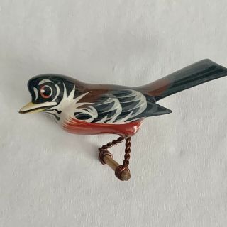 Vintage 70’s Takahashi Style Carved Painted Wooden Bird Pin