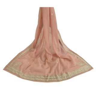 Sanskriti Vintage Dupatta Long Stole Net Mesh Pink Veil Hand Beaded Scarves