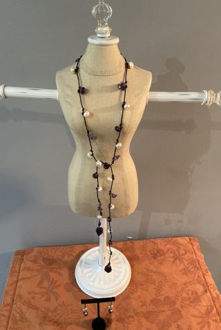 Vintage Purple Glass Stone & Faux Pearl Necklace & Earring Set