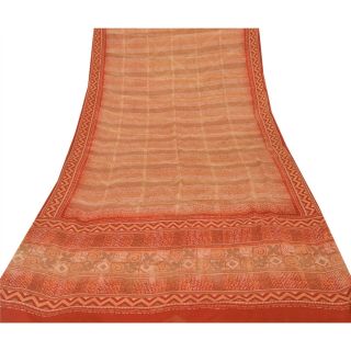 Sanskriti Vintage Peach Sarees 100 Pure Crepe Silk Printed Fabric Sari Craft 3
