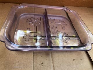 Vintage Purple Depression Glass Divided Square Plate,  Dish With Etched Design 2
