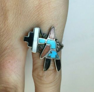Vintage Sterling Silver Turquoise Inlay Zuni Rainbow Native American Ring Size 5