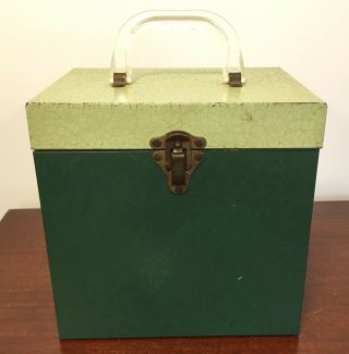 Vintage Metal 7 " 45 Rpm Record Carry Case Holder 2 Tone Green 5 1/2 X 7 3/4