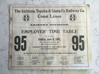 Vintage Railroad Employee Timetable Atchison Topeka & Santa Fe Rr Arizona 1941