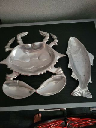 Vintage Bruce Fox Design Crab & Century 1995 Fish Serving Tray Silver Aluminum