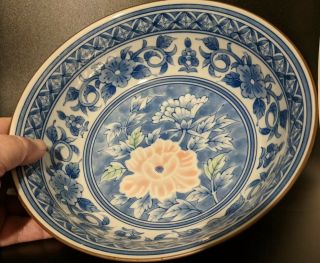 Vintage Asian Japanese Ceramic Bowl Blue & White with Flower - Signed on Bottom? 2