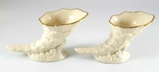 Vintage Lenox Fine China Set Of 2 " Horn Of Plenty " Vases Ivory W/24k Gold Trim