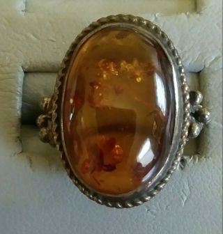 Vintage - Large Amber Cabochon Nouveau Sterling Silver Oval Ring Women 
