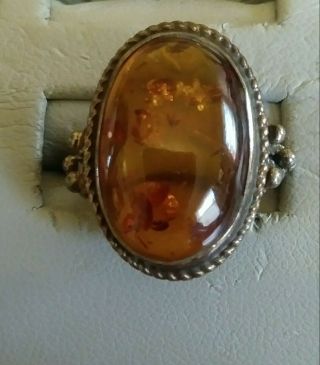 Vintage - Large Amber Cabochon Nouveau Sterling Silver Oval Ring Women ' s sz 7.  5 2