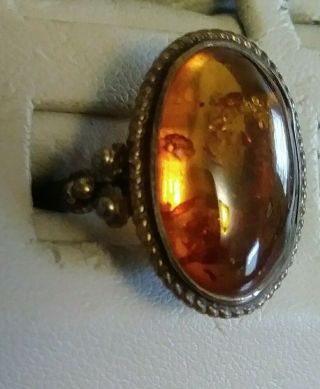 Vintage - Large Amber Cabochon Nouveau Sterling Silver Oval Ring Women ' s sz 7.  5 3