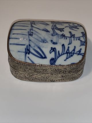 Vintage Chinese Porcelain Chard On Ornate Metal Trinket Box Blue And White