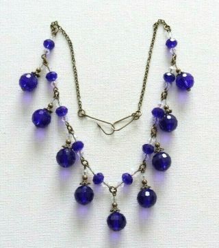 Vintage Art Deco Style Cobalt Blue/clear Glass Cluster Necklace