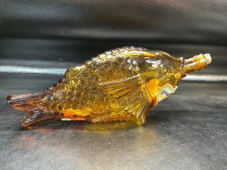 Vtg Large Amber Glass Fish Wine Bottle Cork Mouth Decanter 14 " Italy 1971