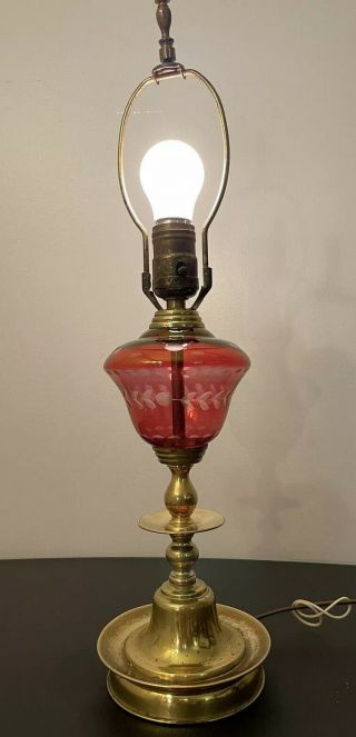 Vintage Cranberry Etched Glass Brass Base Table Lamp