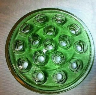 Vintage Floral Frog Green Depression Glass 16 Hole Flower Holder 5 Inch Round