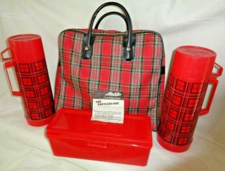 Vintage Retro Aladdin Red Plaid Picnic Set 2 Thermos Sandwich Lunch Box & Bag